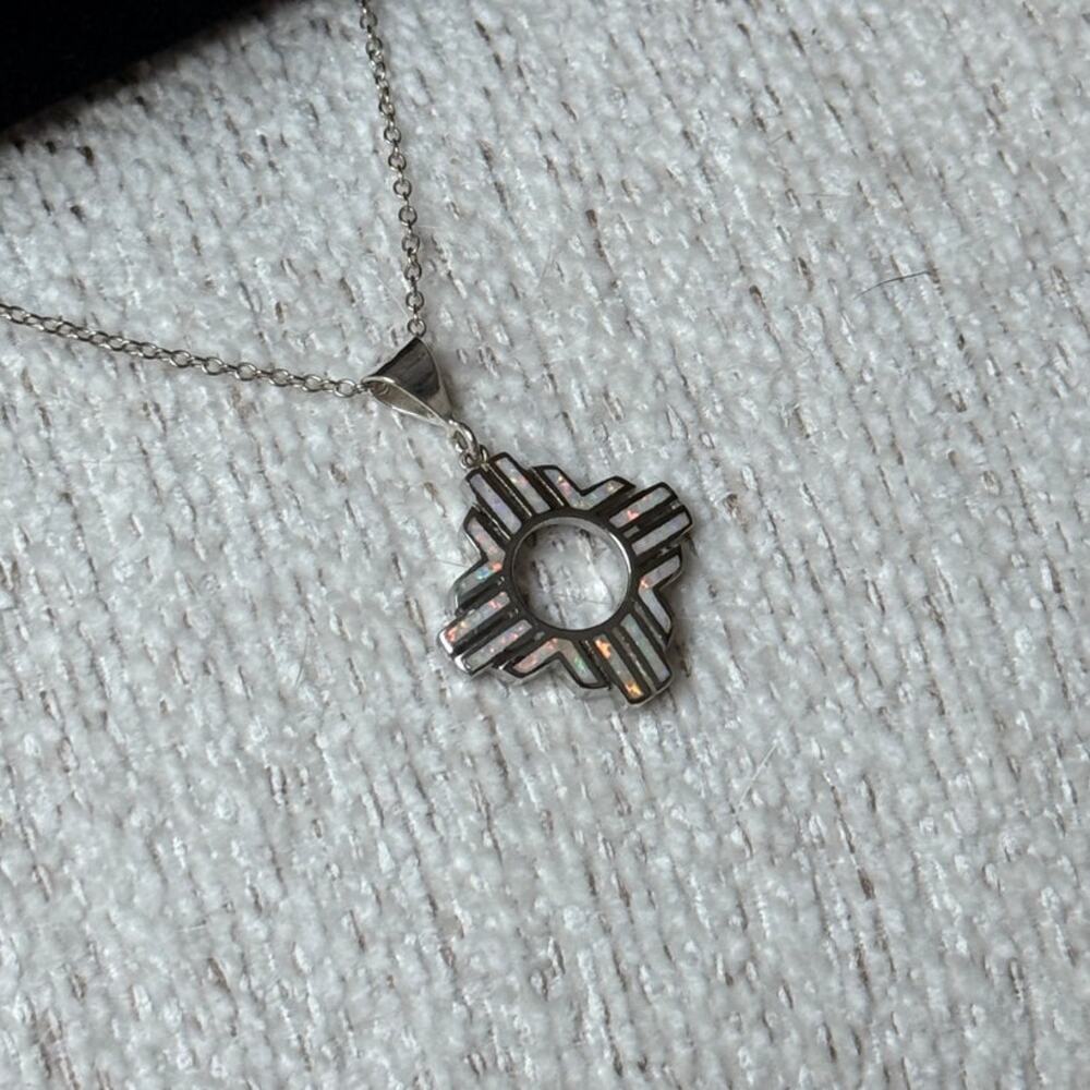 New Sterling Silver Opal Zia Pendant Necklace New Mexico Native American Sun - Picture 11 of 12